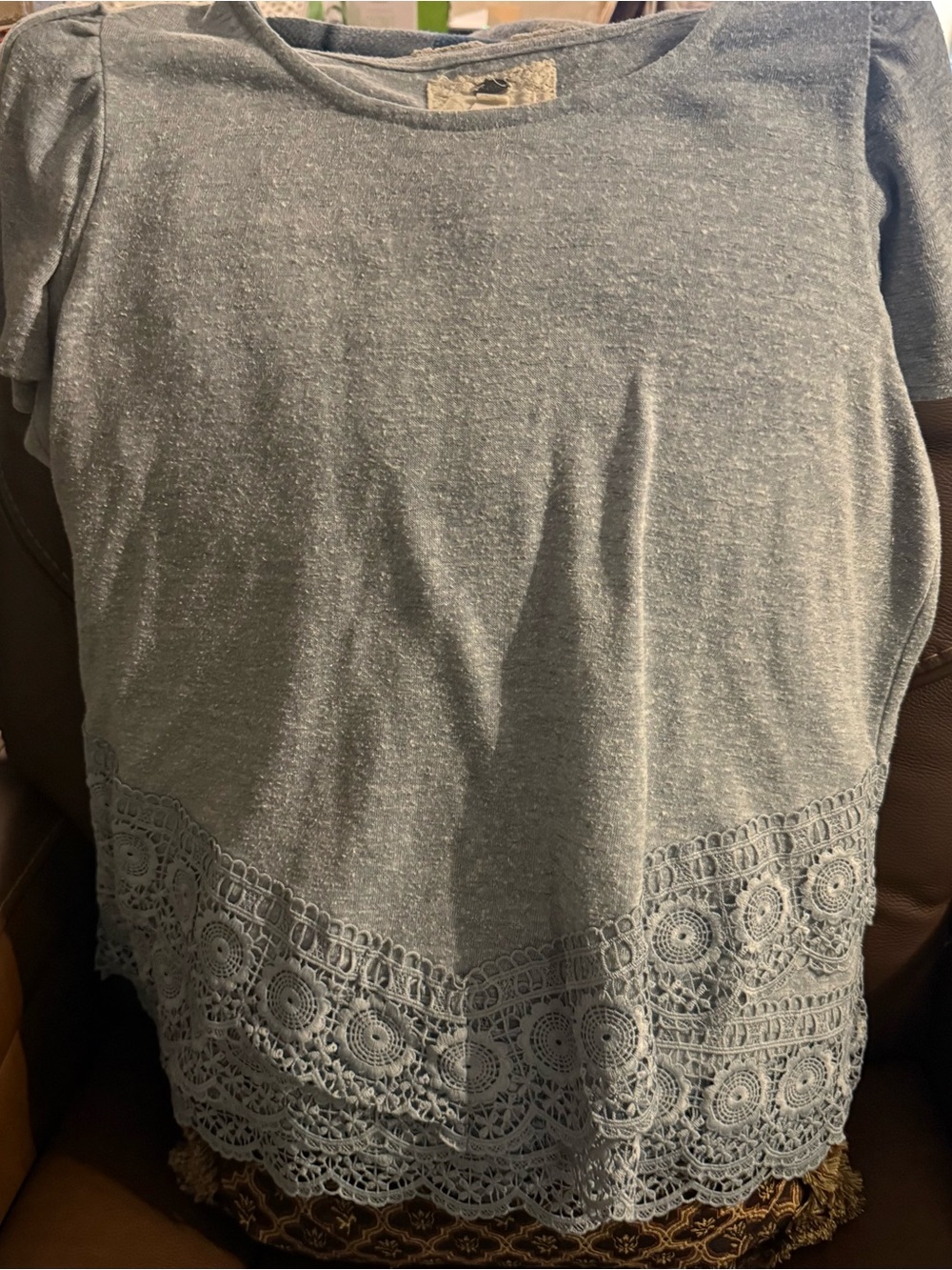 Cupio Heathered Light Blue Short Sleeve Top with Crochet Hem